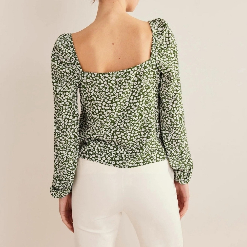 Boden Top Sweetheart Neckline Long Blouson Sleeve Tulip Sprig Print Green 6 NWT - Picture 6 of 14